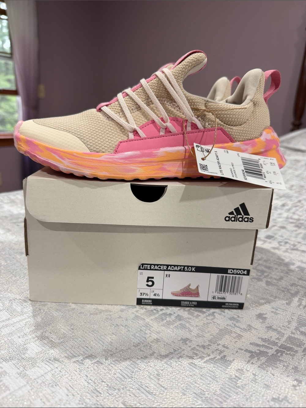 adidas Kids Beige and Pink Lite Racer Sneakers